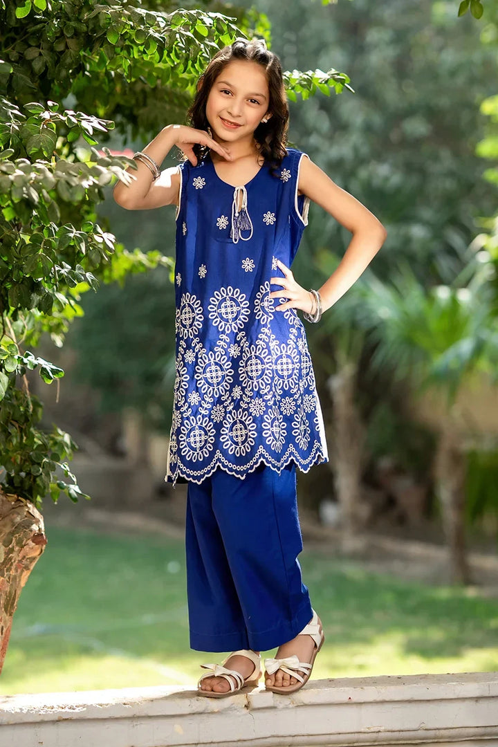 Dhaga Kids Pret Embroidred Cotton 2 Piece Blue Bloomer SS25DSE007 - Summer Collection
