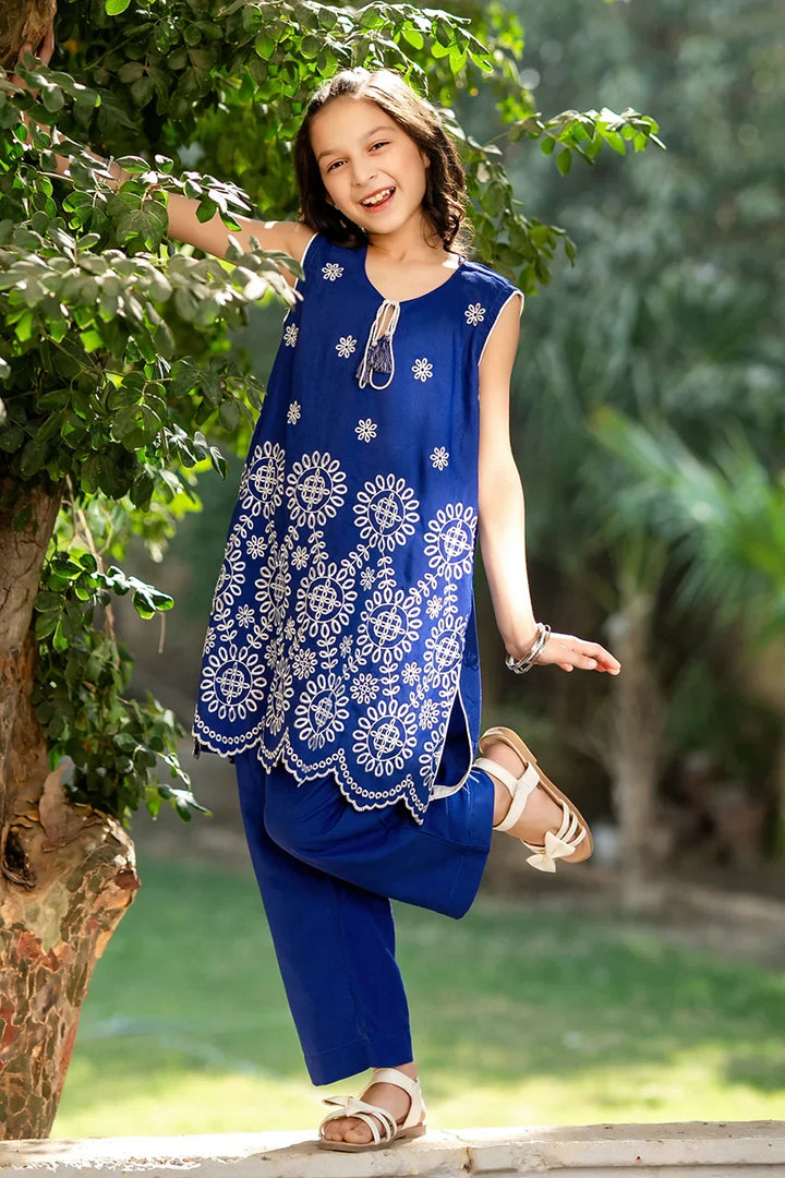 Dhaga Kids Pret Embroidred Cotton 2 Piece Blue Bloomer SS25DSE007 - Summer Collection
