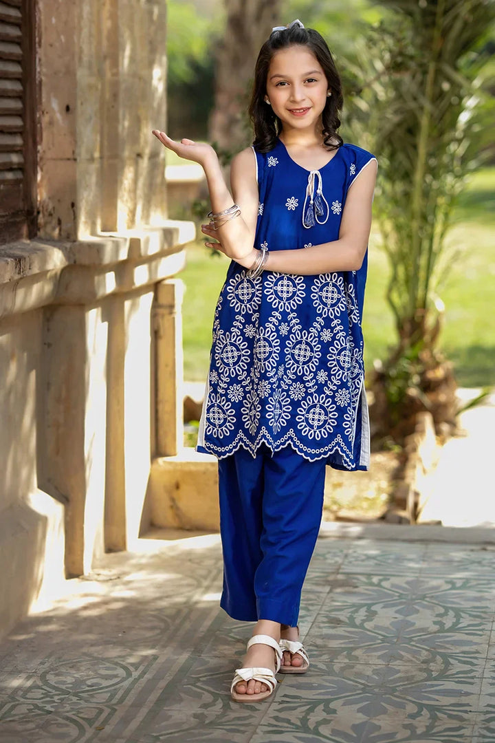 Dhaga Kids Pret Embroidred Cotton 2 Piece Blue Bloomer SS25DSE007 - Summer Collection