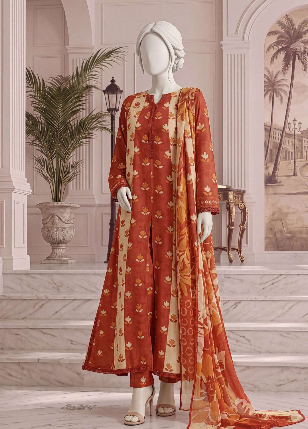 A Flowy Cut by HZ Textiles RTW Printed Rawsilk 3 Piece Suit HZ26RFC RPF-3P-006 Cinnamon Cream - Casual Collection