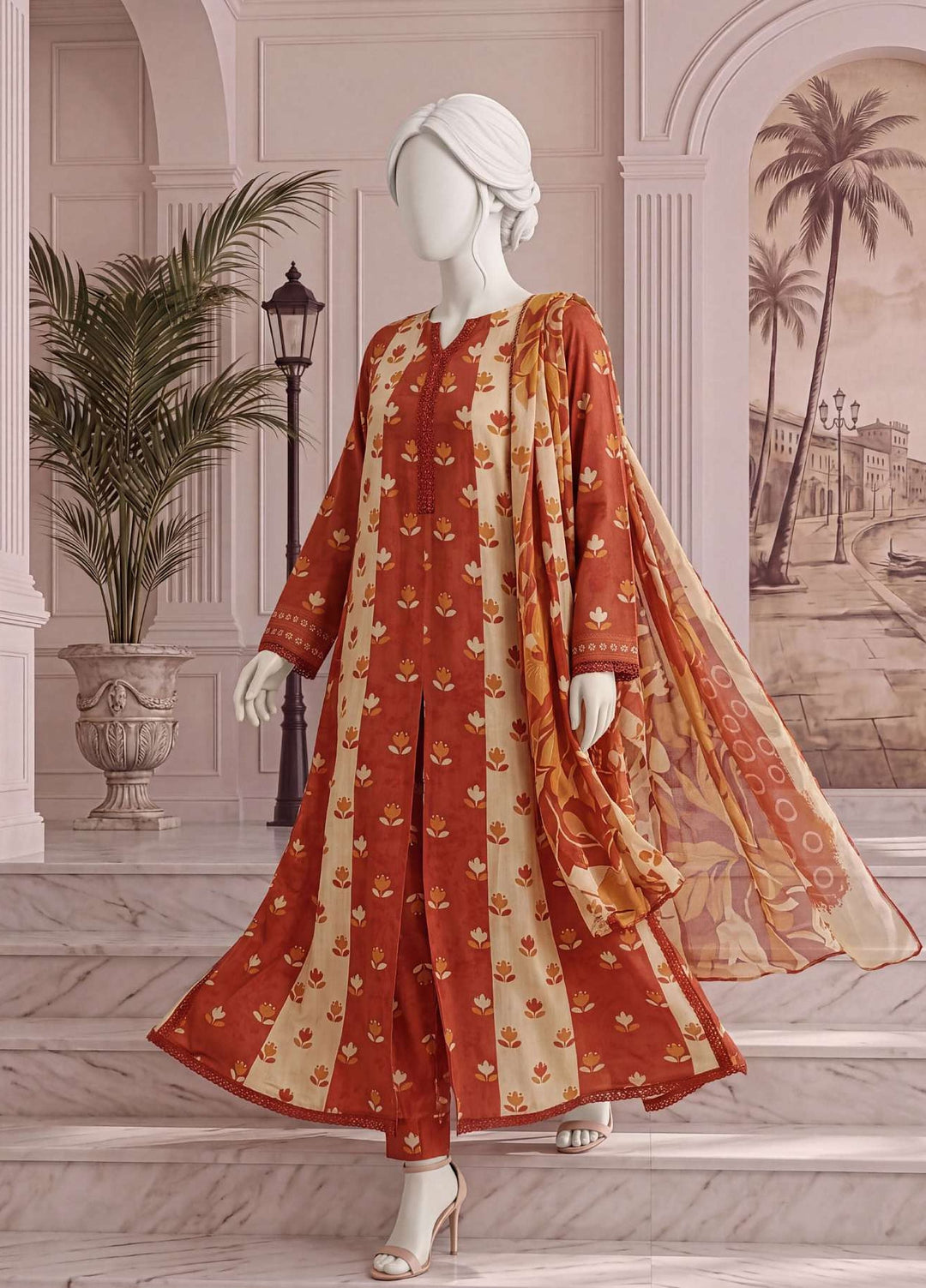 A Flowy Cut by HZ Textiles RTW Printed Rawsilk 3 Piece Suit HZ26RFC RPF-3P-006 Cinnamon Cream - Casual Collection