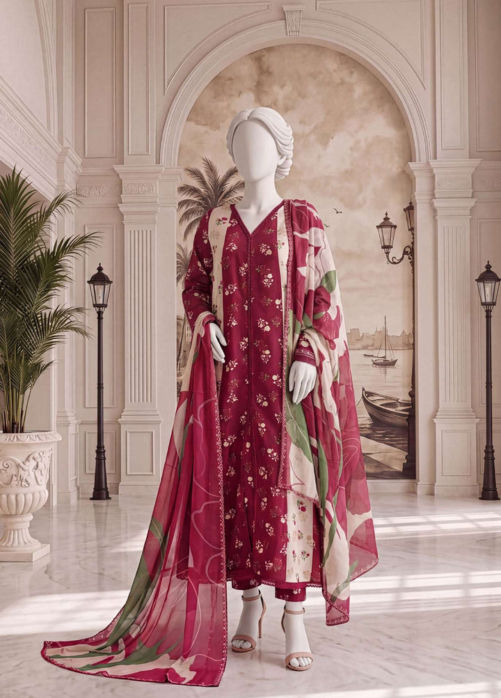 A Flowy Cut by HZ Textiles RTW Printed Raw Silk 3 Piece Suit HZ26RFC RPF-3P-002 Crimson Pink - Casual Collection