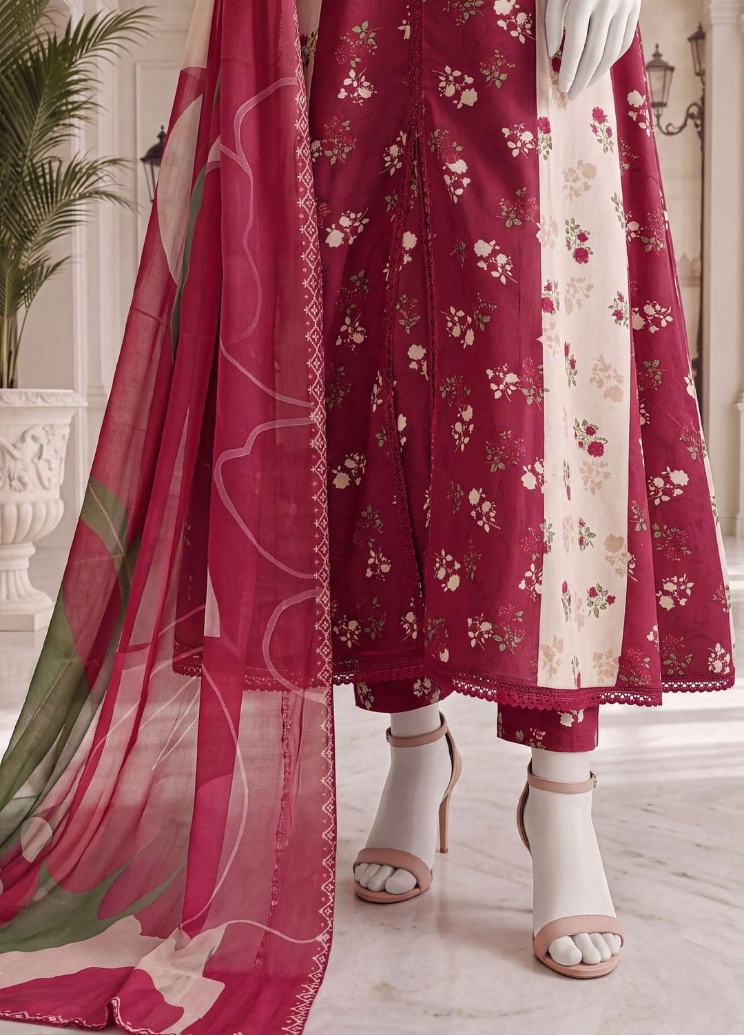 A Flowy Cut by HZ Textiles RTW Printed Raw Silk 3 Piece Suit HZ26RFC RPF-3P-002 Crimson Pink - Casual Collection