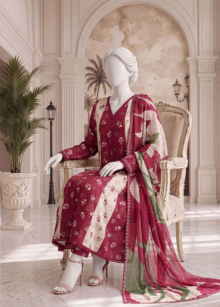 A Flowy Cut by HZ Textiles RTW Printed Raw Silk 3 Piece Suit HZ26RFC RPF-3P-002 Crimson Pink - Casual Collection