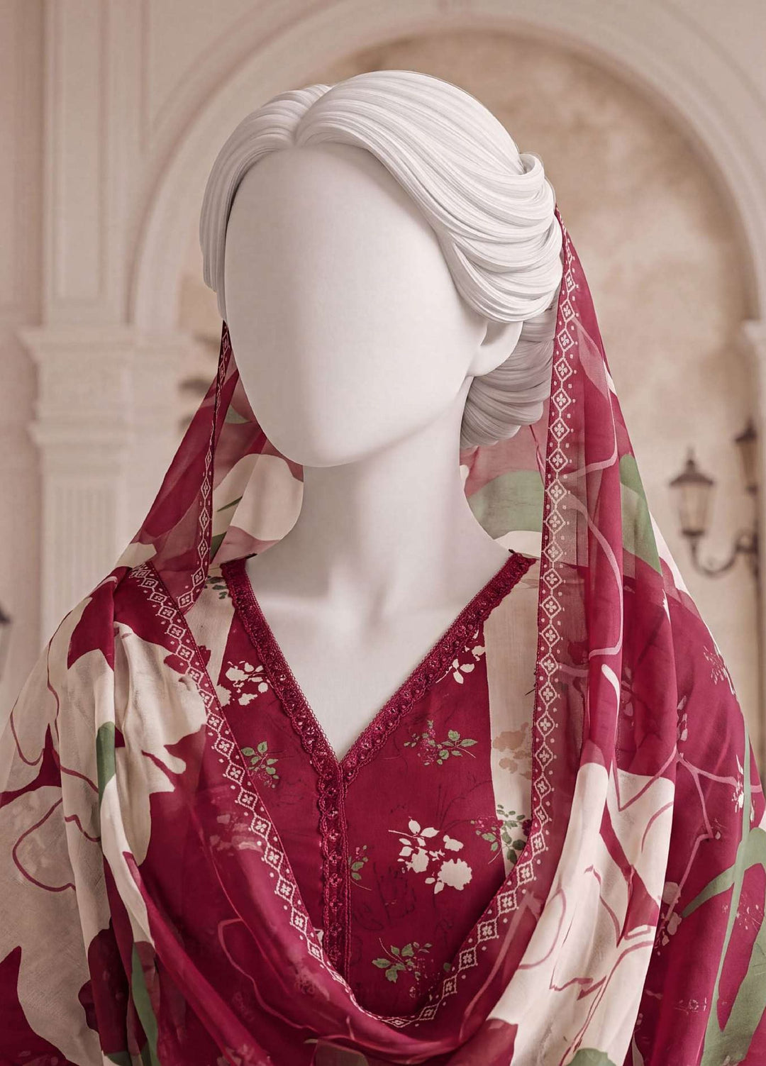 A Flowy Cut by HZ Textiles RTW Printed Raw Silk 3 Piece Suit HZ26RFC RPF-3P-002 Crimson Pink - Casual Collection