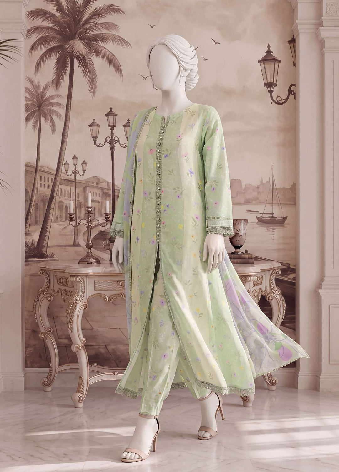 A Flowy Cut by HZ Textiles RTW Printed Raw Silk 3 Piece Suit HZ26RFC RPF-3P-003 Lime Mellow - Casual Collection