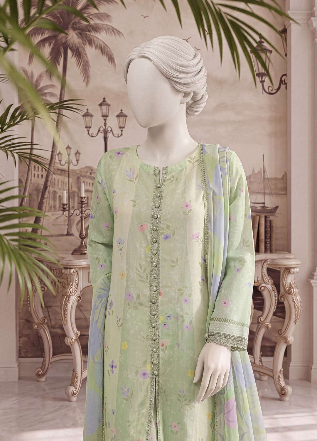 A Flowy Cut by HZ Textiles RTW Printed Raw Silk 3 Piece Suit HZ26RFC RPF-3P-003 Lime Mellow - Casual Collection