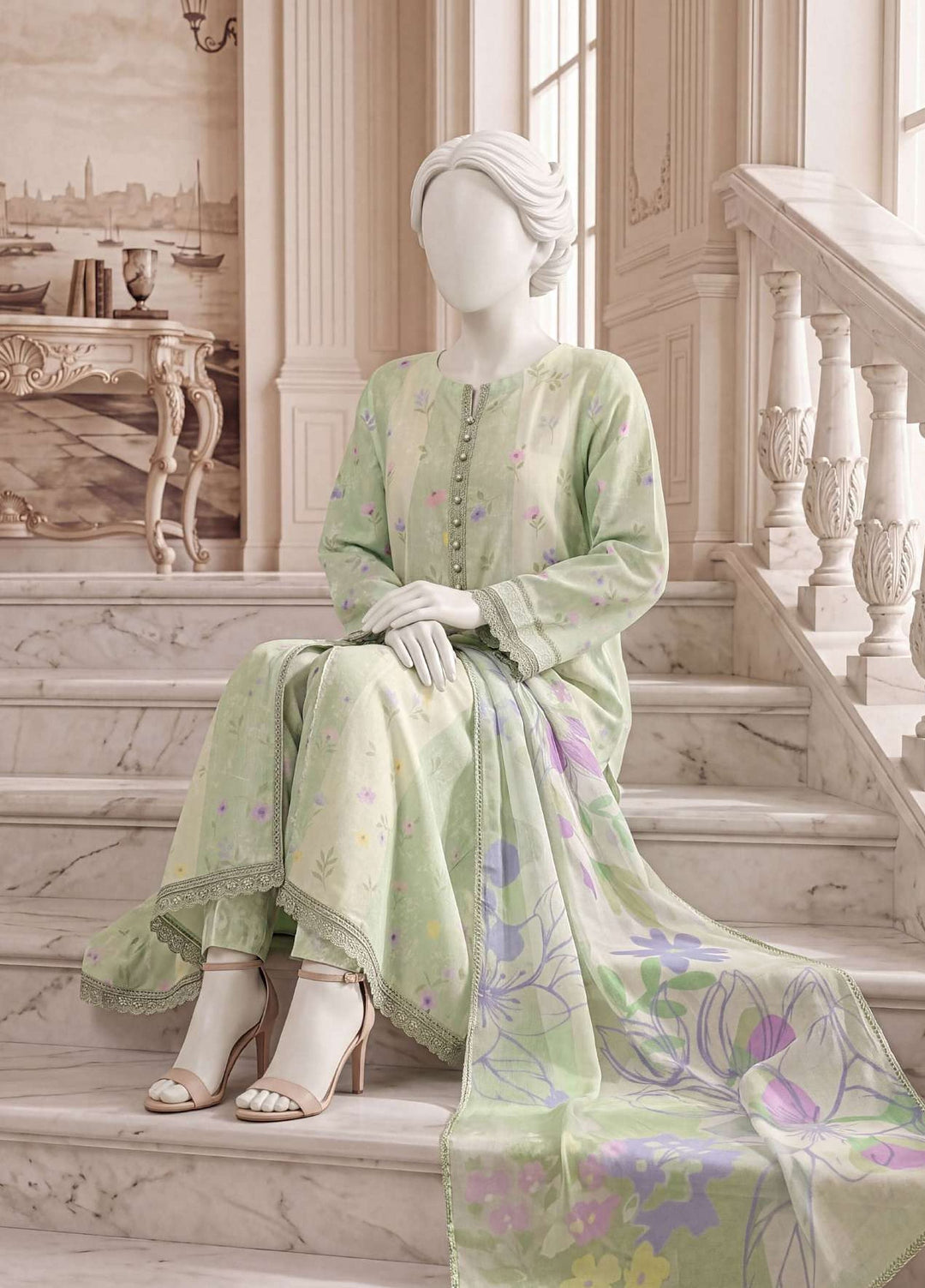A Flowy Cut by HZ Textiles RTW Printed Raw Silk 3 Piece Suit HZ26RFC RPF-3P-003 Lime Mellow - Casual Collection