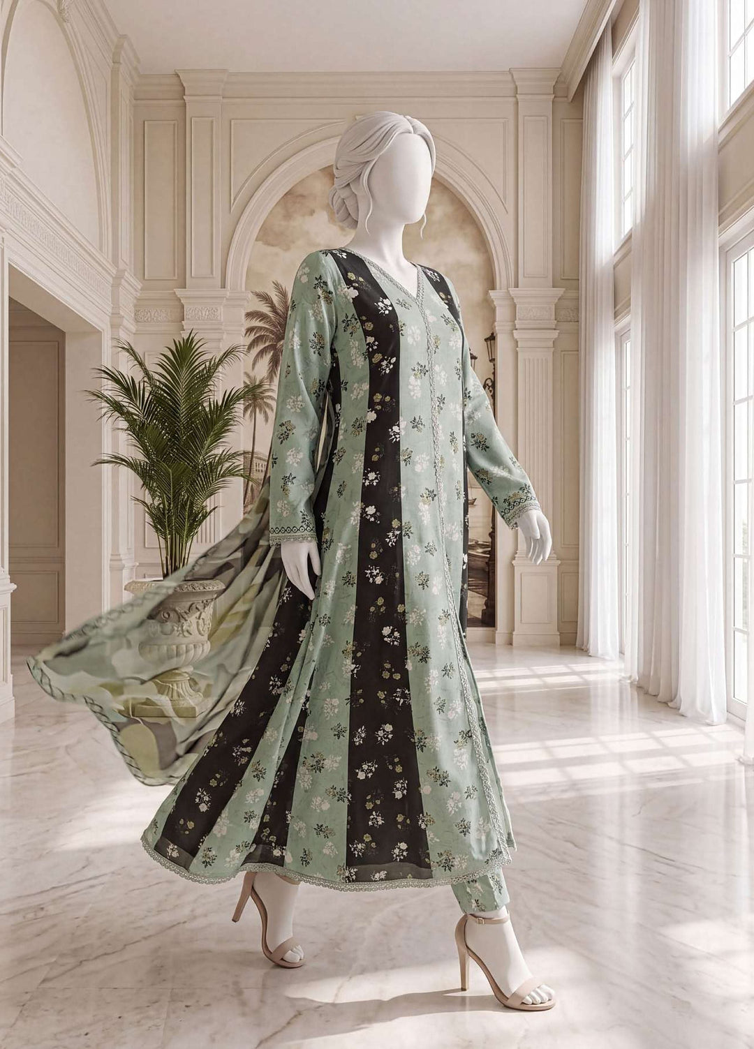 A Flowy Cut by HZ Textiles RTW Printed Raw Silk 3 Piece Suit HZ26RFC RPF-3P-001 Mint Mauve - Casual Collection