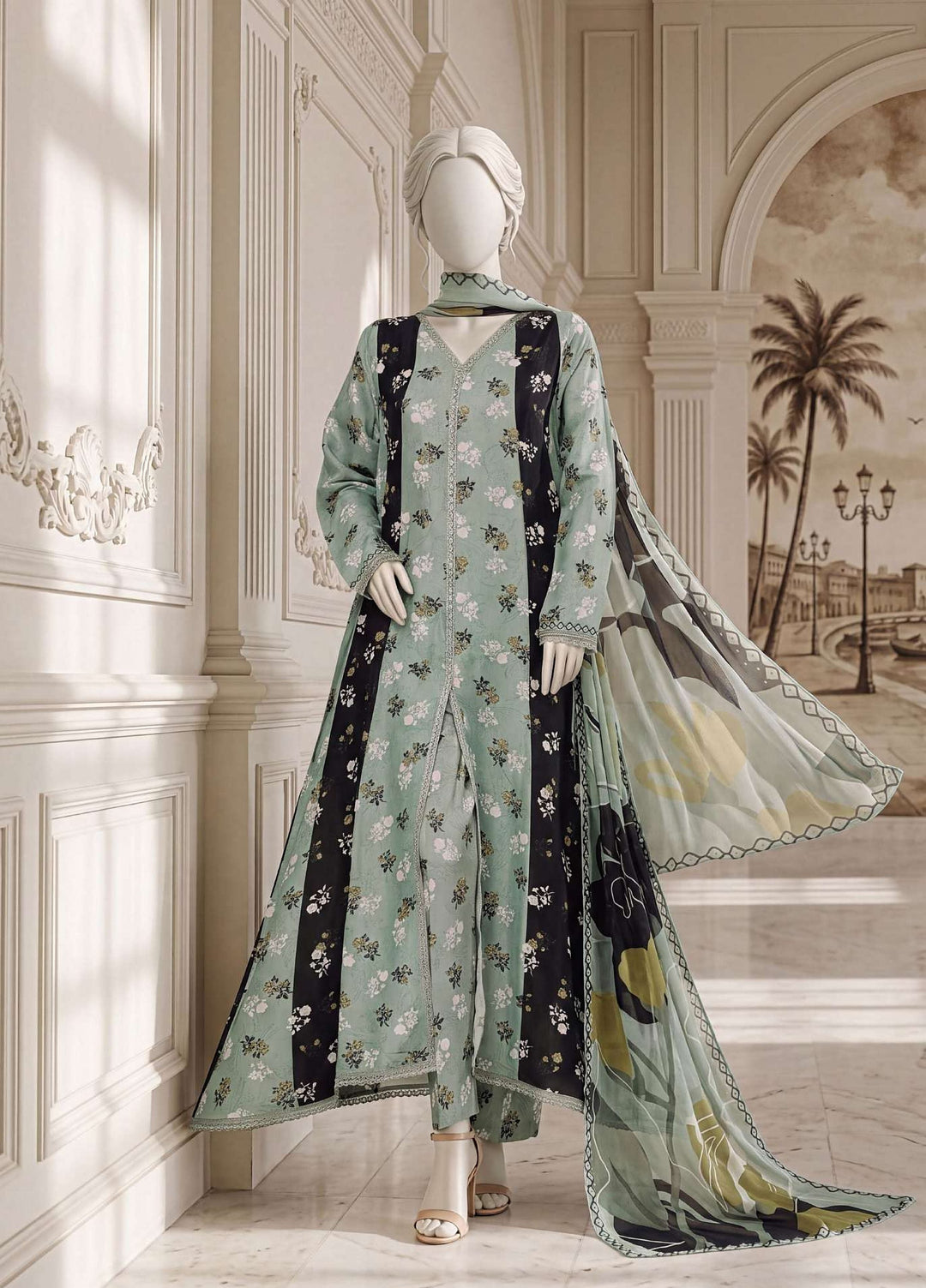 A Flowy Cut by HZ Textiles RTW Printed Raw Silk 3 Piece Suit HZ26RFC RPF-3P-001 Mint Mauve - Casual Collection