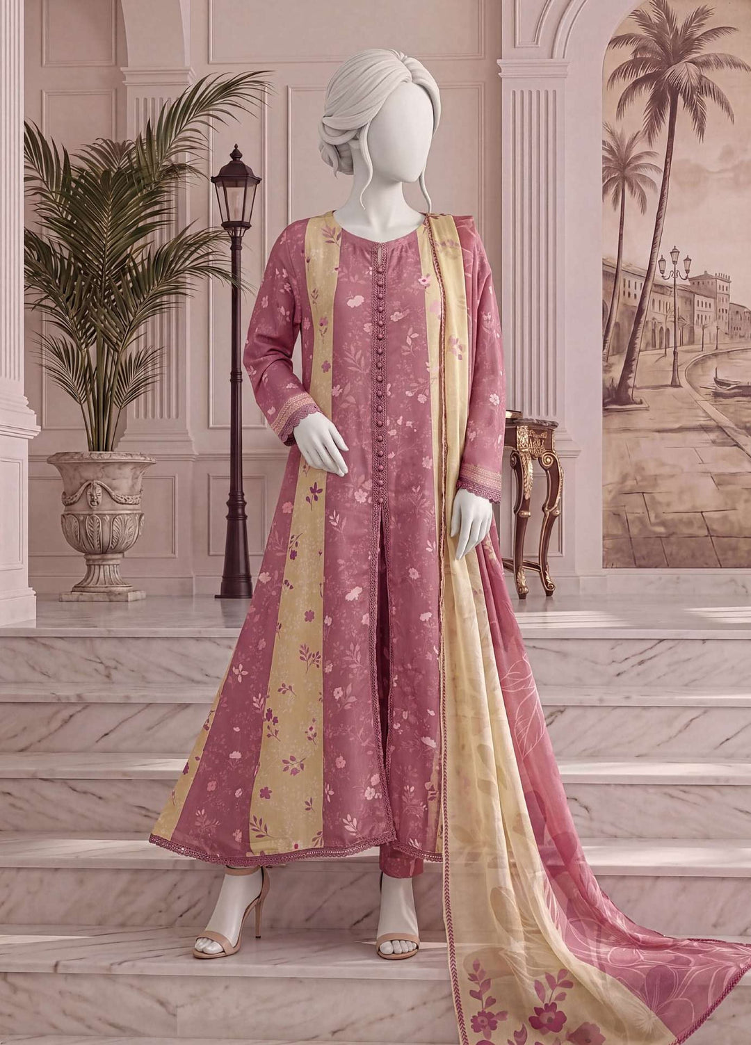 A Flowy Cut by HZ Textiles RTW Printed Raw Silk 3 Piece Suit HZ26RFC RPF-3P-004 Rose Blush - Casual Collection