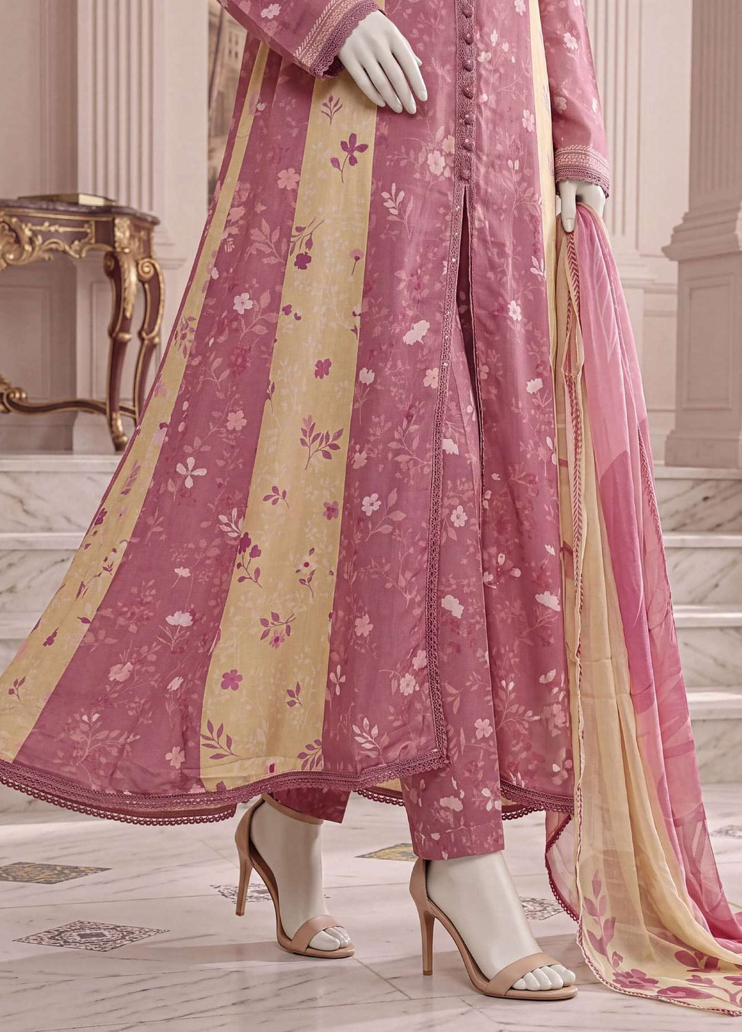 A Flowy Cut by HZ Textiles RTW Printed Raw Silk 3 Piece Suit HZ26RFC RPF-3P-004 Rose Blush - Casual Collection