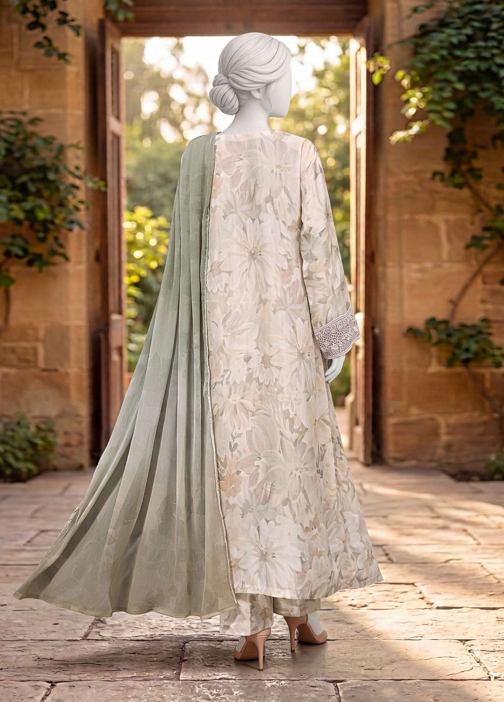 Kaftan Silk by HZ Textiles RTW Printed Rawsilk 3 Piece Suit HZ26RKS XRPE-3P-008 Ivory Crush - Casual Collection