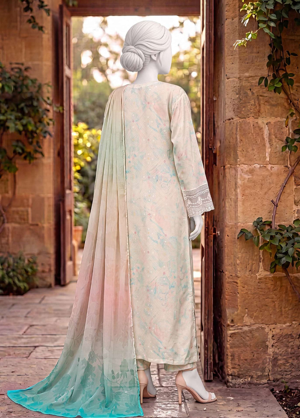 Kaftan Silk by HZ Textiles RTW Printed Rawsilk 3 Piece Suit HZ26RKS XRPE-3P-010 Marsh Mellow - Casual Collection