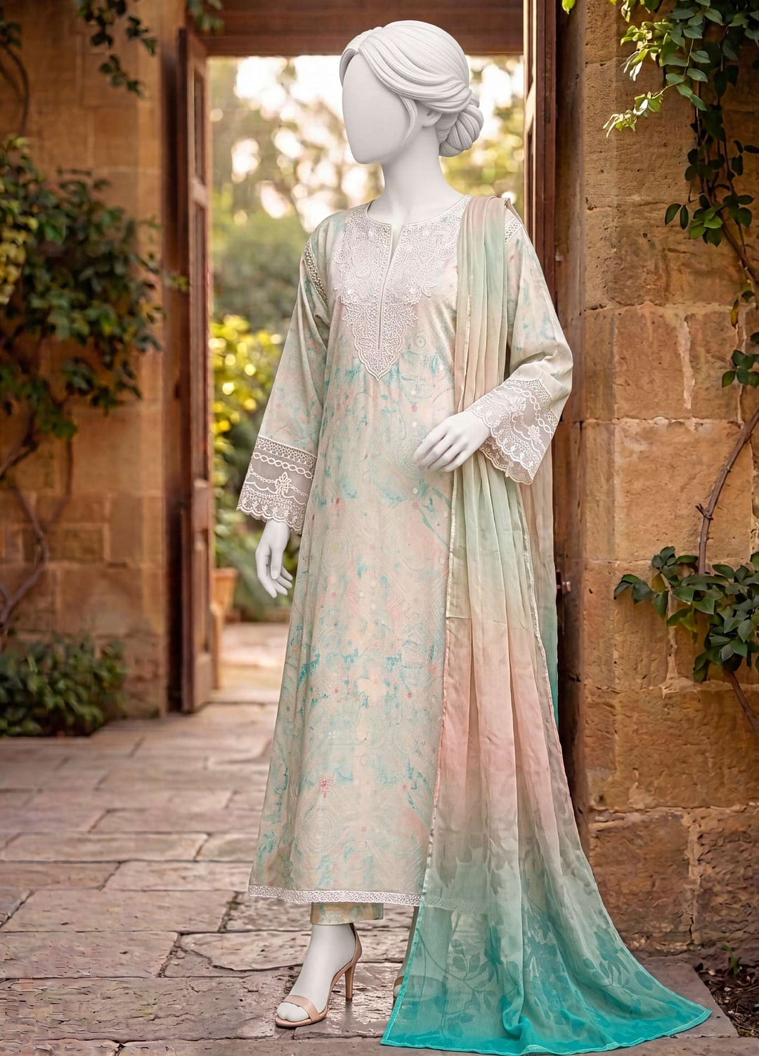Kaftan Silk by HZ Textiles RTW Printed Rawsilk 3 Piece Suit HZ26RKS XRPE-3P-010 Marsh Mellow - Casual Collection