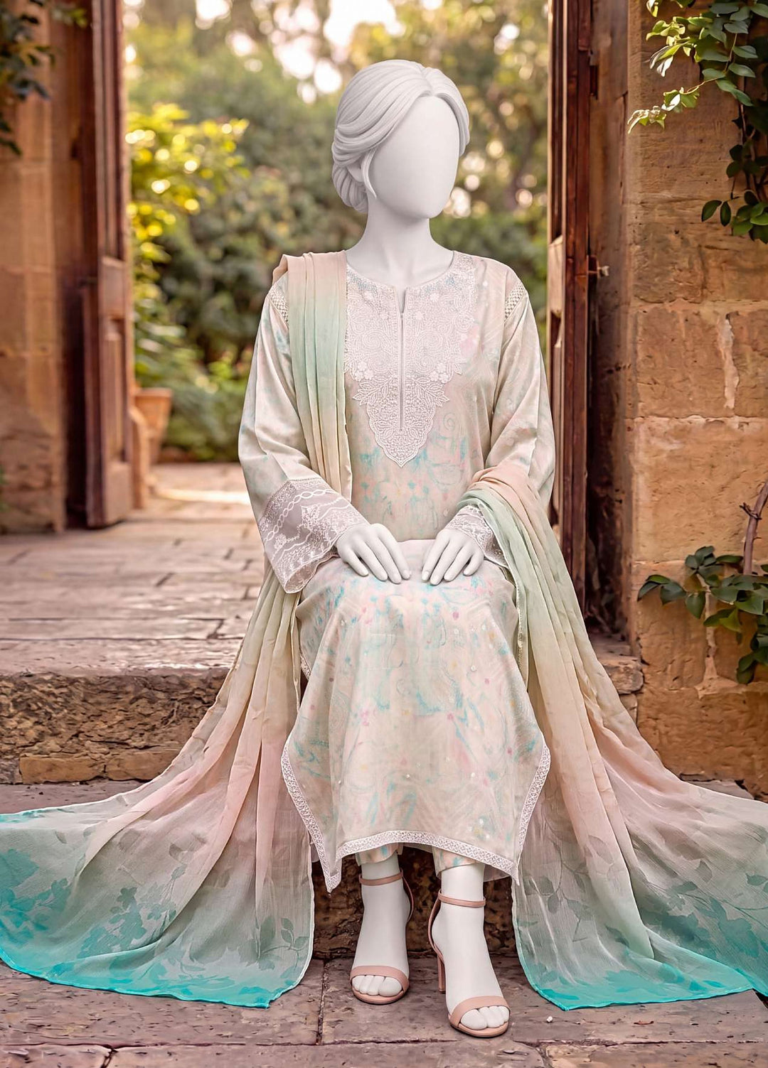 Kaftan Silk by HZ Textiles RTW Printed Rawsilk 3 Piece Suit HZ26RKS XRPE-3P-010 Marsh Mellow - Casual Collection