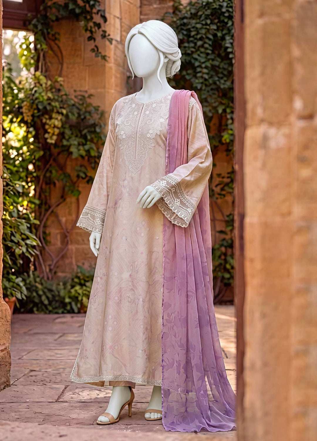 Kaftan Silk by HZ Textiles RTW Printed Rawsilk 3 Piece Suit HZ26RKS XRPE-3P-011 Vanilla - Casual Collection