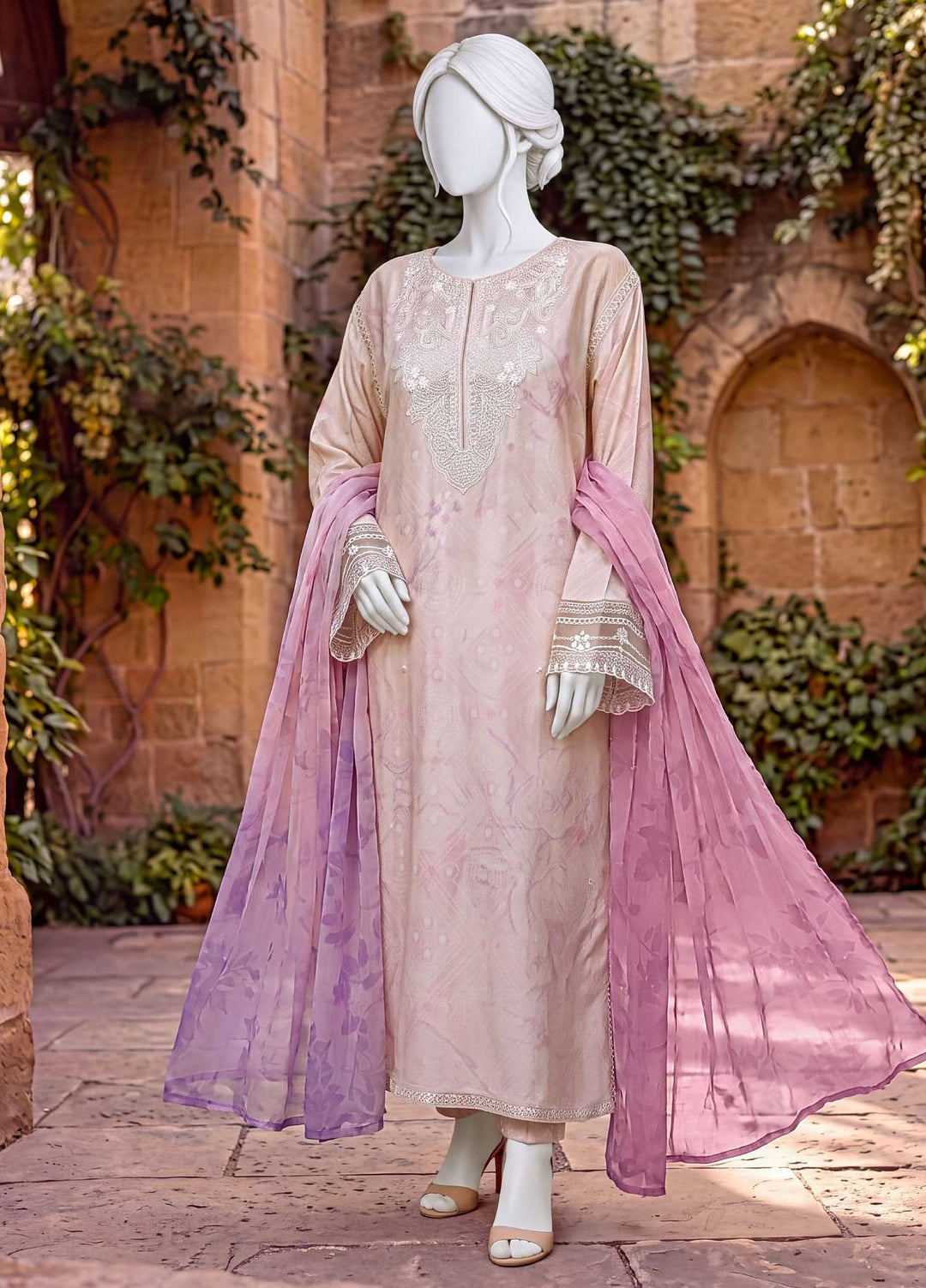 Kaftan Silk by HZ Textiles RTW Printed Rawsilk 3 Piece Suit HZ26RKS XRPE-3P-011 Vanilla - Casual Collection