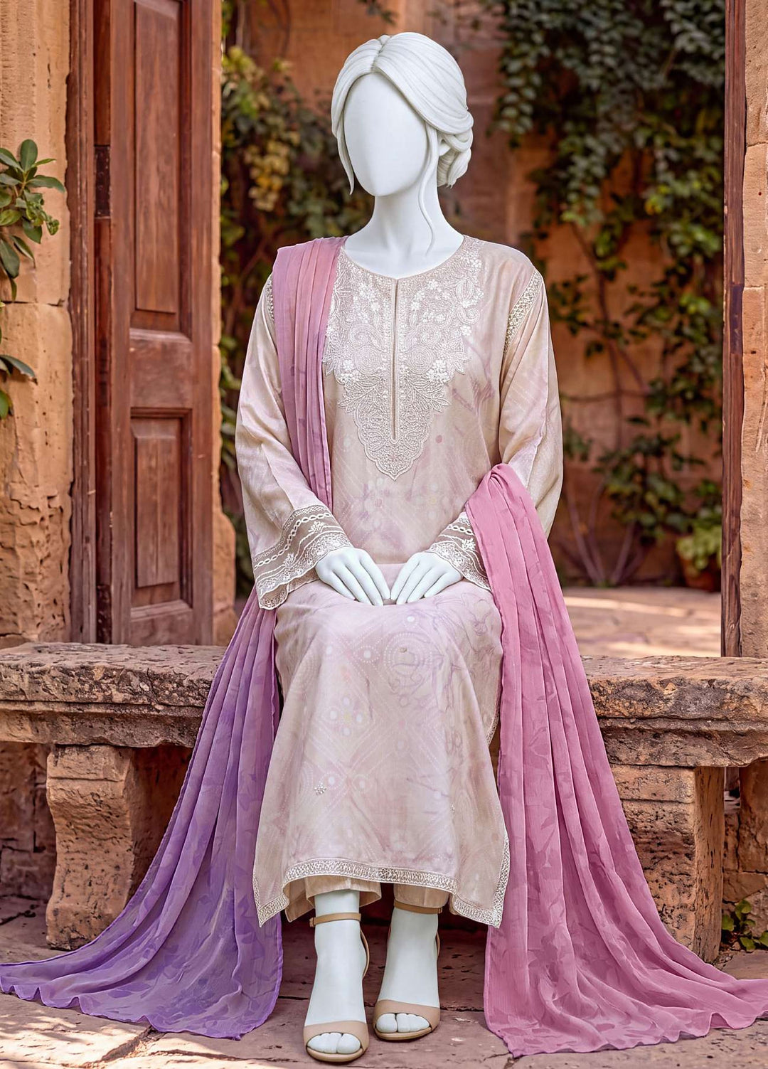 Kaftan Silk by HZ Textiles RTW Printed Rawsilk 3 Piece Suit HZ26RKS XRPE-3P-011 Vanilla - Casual Collection