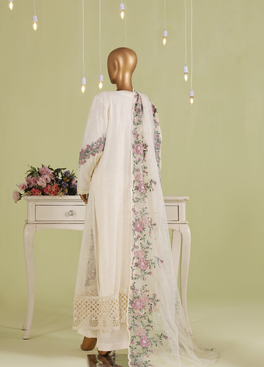 Falsafaa by HZ Textiles RTW Embroidered Organza 3 Piece Suit HZ26ULF HZK-237 Cream - Festive Collection