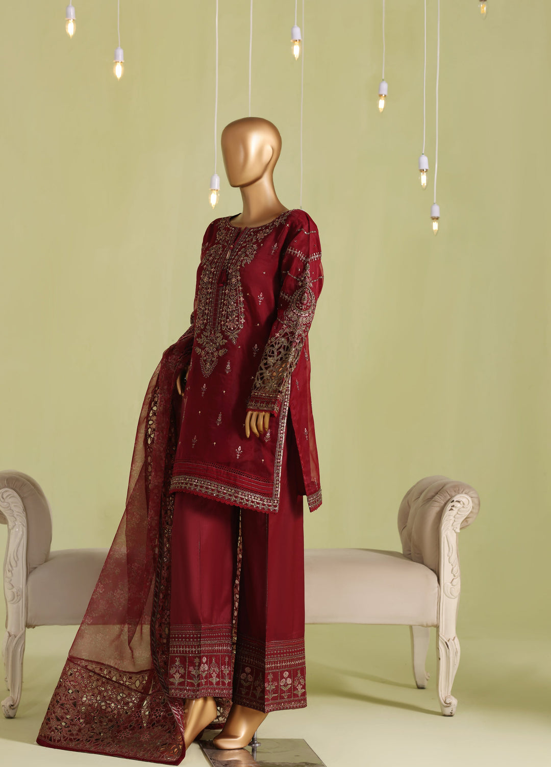 Falsafaa by HZ Textiles RTW Embroidered Organza 3 Piece Suit HZ26ULF HZK-238 Maroon - Festive Collection
