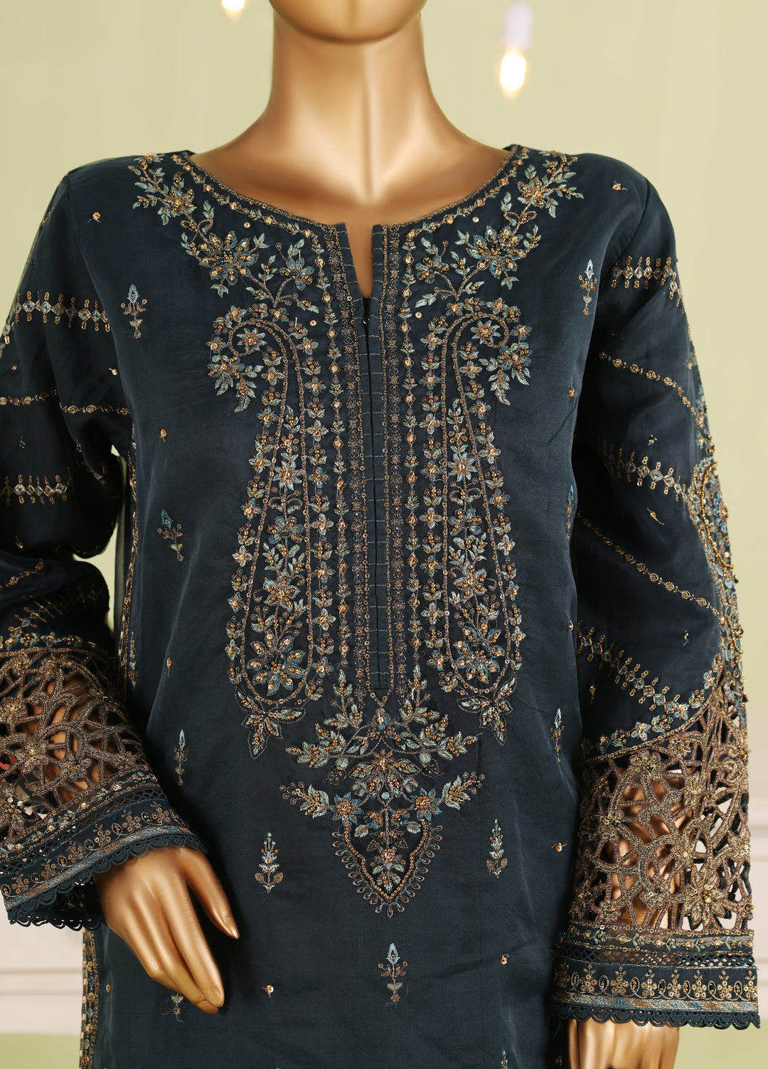 Falsafaa by HZ Textiles RTW Embroidered Organza 3 Piece Suit HZ26ULF HZK-238 M.Green - Festive Collection