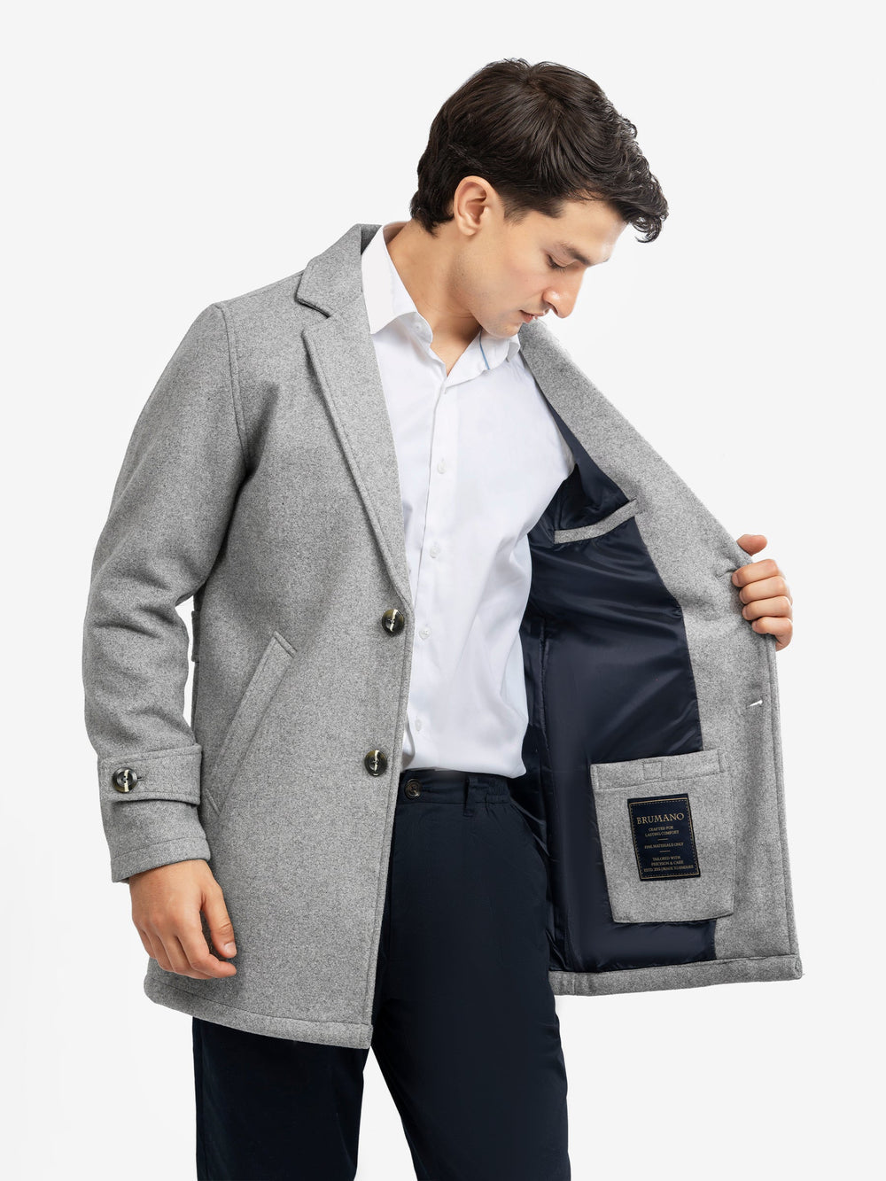 Brumano Mens RTW Solids Wool 1 Piece Heather Grey Blended Over Coat Winter Collection