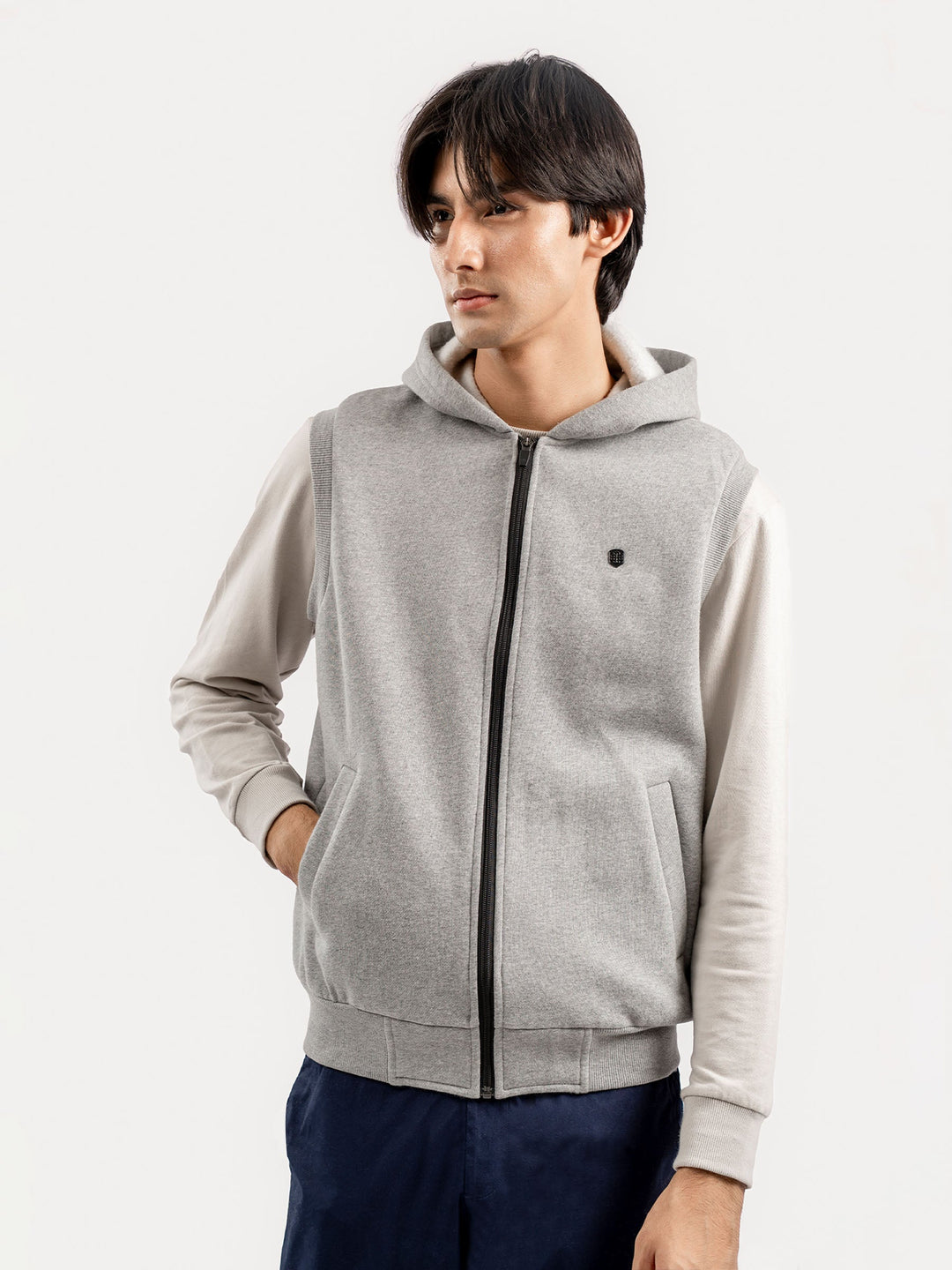 Brumano Solids Fleece Heather Grey Sleeveless Zipper Jacket With Hoodie - Winter Collection