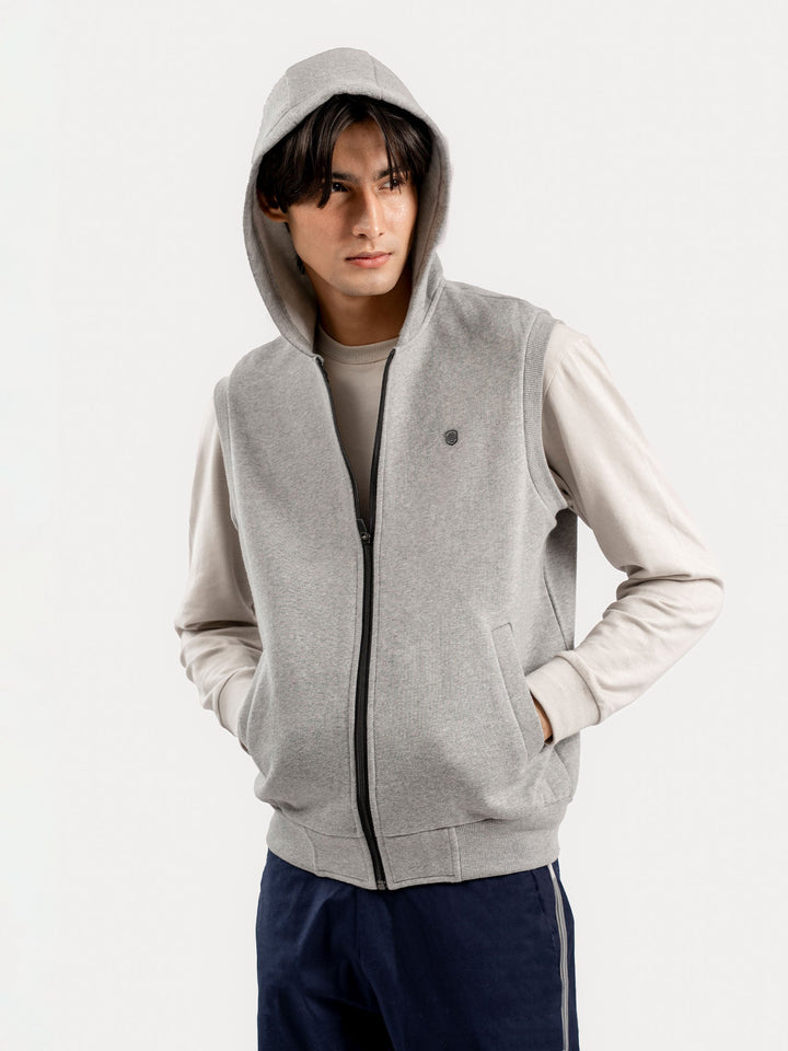 Brumano Solids Fleece Heather Grey Sleeveless Zipper Jacket With Hoodie - Winter Collection