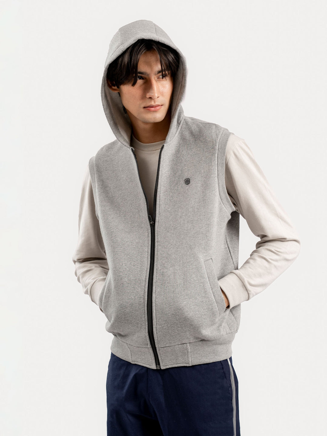 Brumano Mens RTW Solids Cotton Jacket Heather Grey Sleeveless Zipper Winter Collection