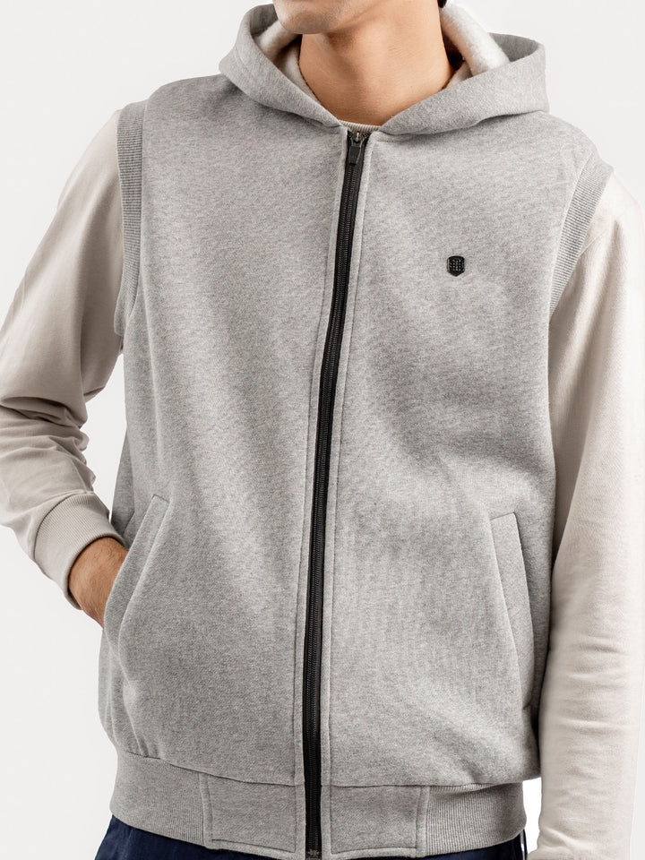 Heather Grey Sleeveless Zipper Jacket With Hoodie