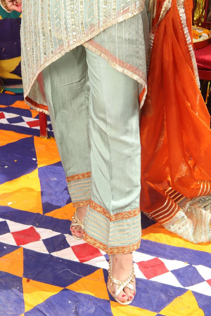 Senorita Women RTW Women Solids Light Green and Golden Formal 3 Piece Suit Pure Banarsi Organza Self Strip LDD-01889 - Winter Collection