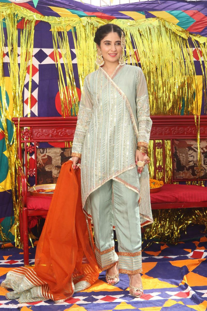 Senorita Women RTW Women Solids Light Green and Golden Formal 3 Piece Suit Pure Banarsi Organza Self Strip LDD-01889 - Winter Collection