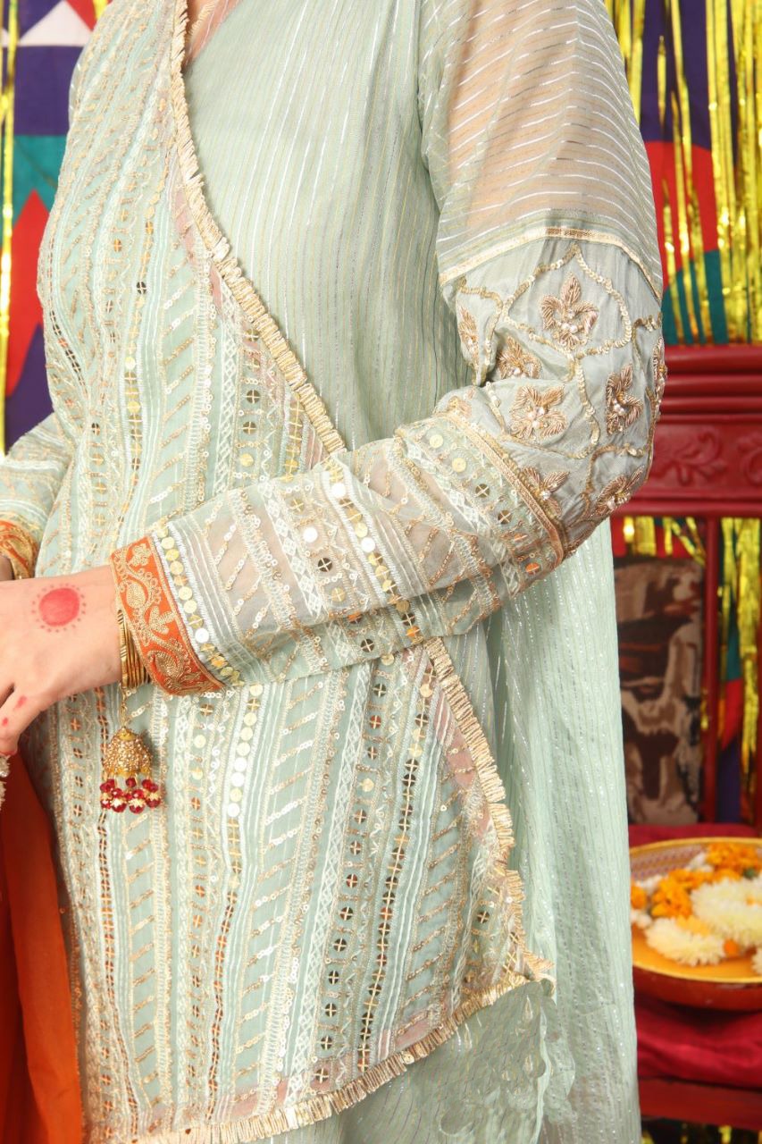 Senorita Women RTW Women Solids Light Green and Golden Formal 3 Piece Suit Pure Banarsi Organza Self Strip LDD-01889 - Winter Collection