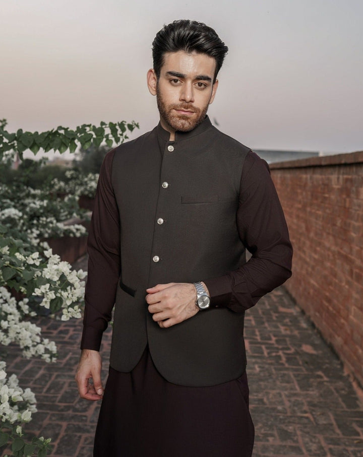 Muraqsh Ready To Wear Solids Cotton Men Dark Brown Suiting Waistcoat Round Cut MUR-DB- - Summer Collection