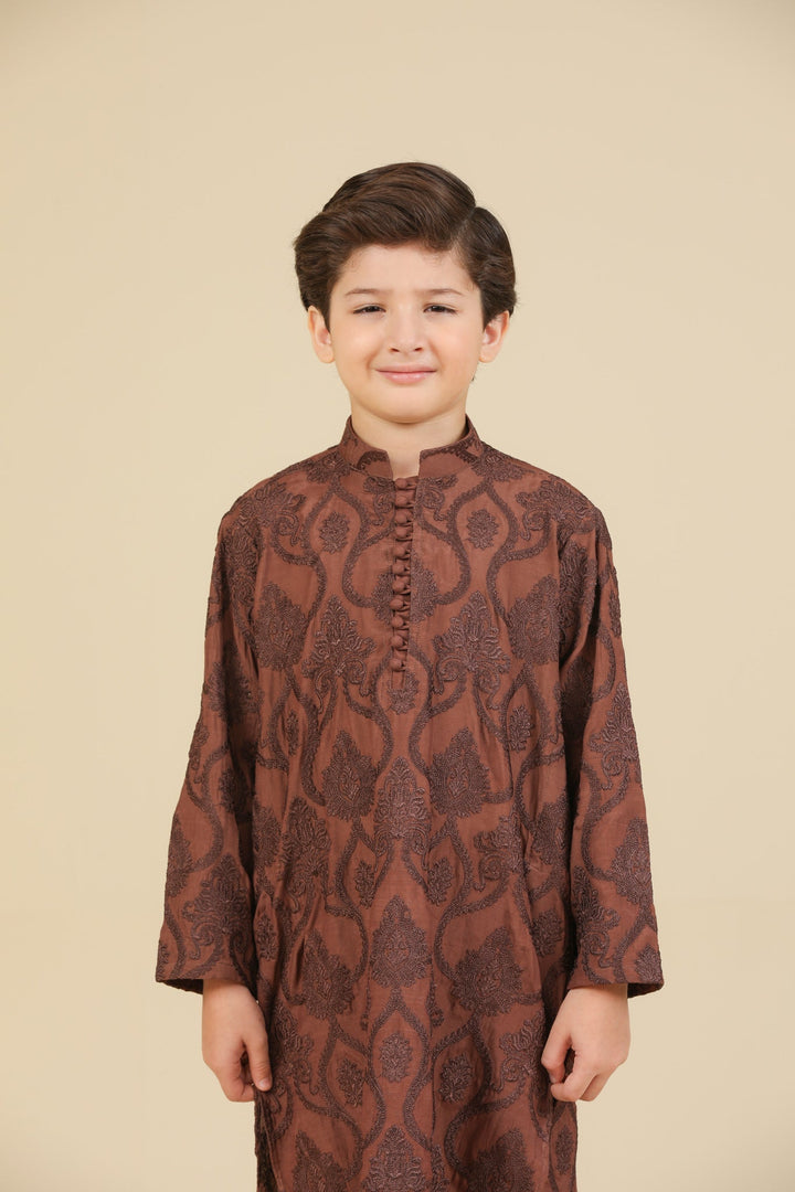 Muraqsh Ready To Wear Embroidered Silk Boys Faris Cocoa Brown Kurta Trouser MUR-F-CBR - Winter Collection