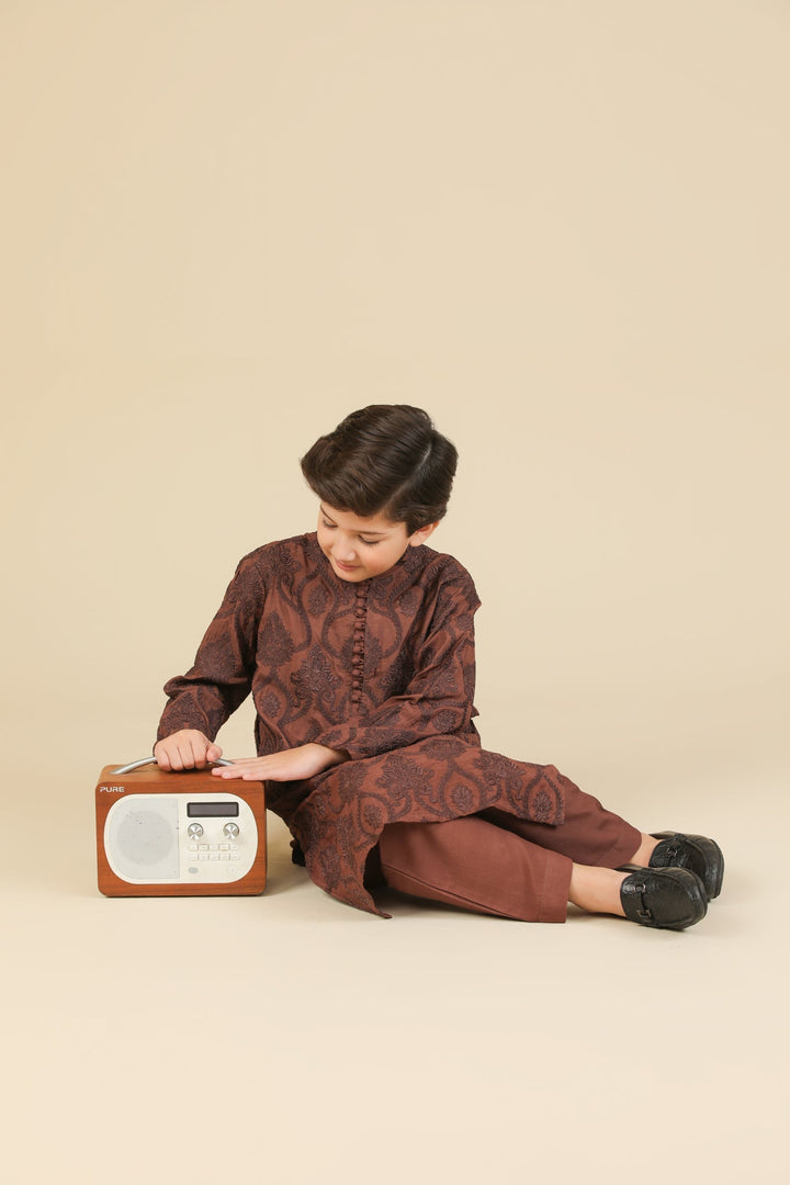 Muraqsh Ready To Wear Embroidered Silk Boys Faris Cocoa Brown Kurta Trouser MUR-F-CBR - Winter Collection