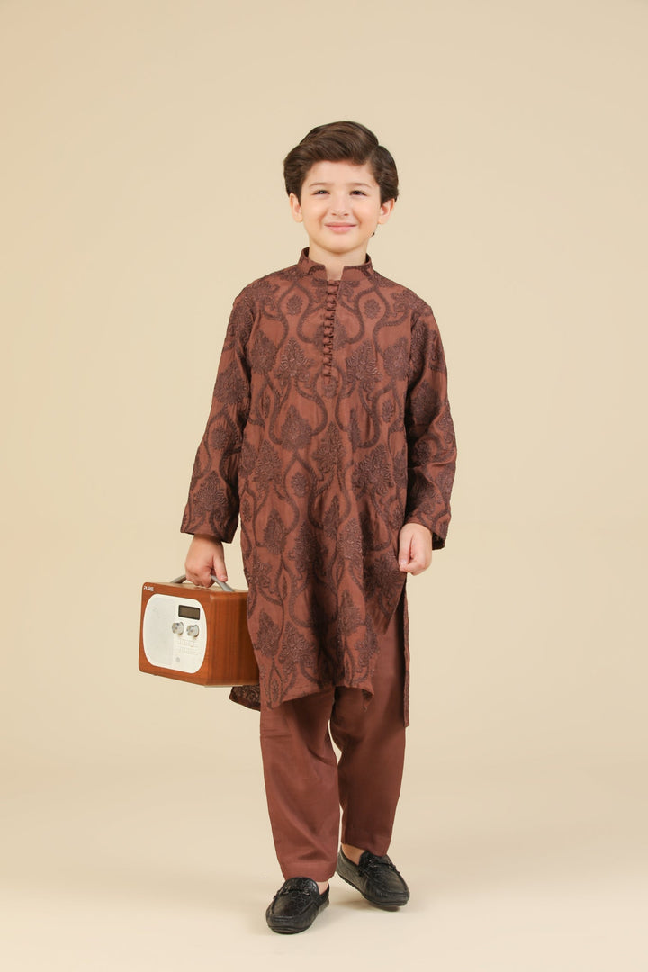 Muraqsh Ready To Wear Embroidered Silk Boys Faris Cocoa Brown Kurta Trouser MUR-F-CBR - Winter Collection