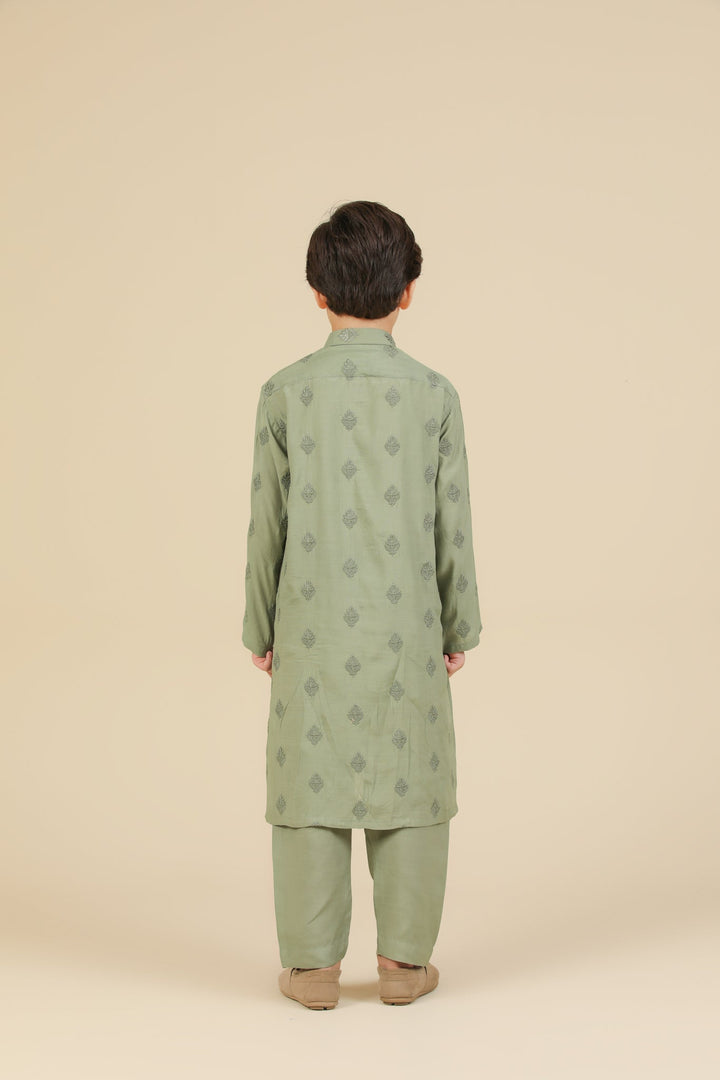Muraqsh Ready To Wear Embroidered Silk Boys Bahaar Mint Kurta Trouser MUR-B-GRS - Summer Collection