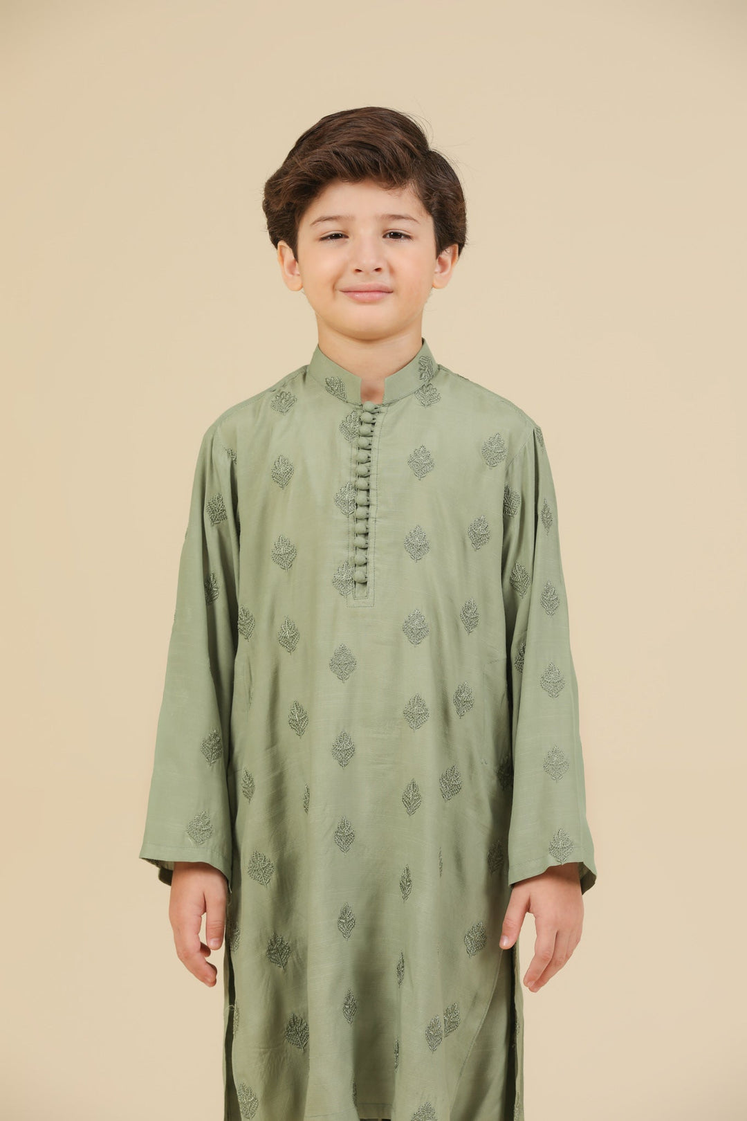Muraqsh Ready To Wear Embroidered Silk Boys Bahaar Mint Kurta Trouser MUR-B-GRS - Summer Collection