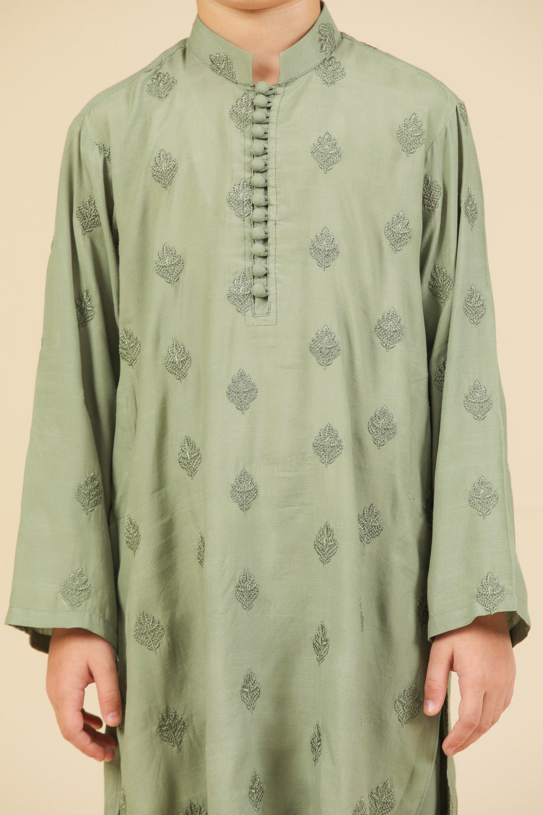 Muraqsh Ready To Wear Embroidered Silk Boys Bahaar Mint Kurta Trouser MUR-B-GRS - Summer Collection