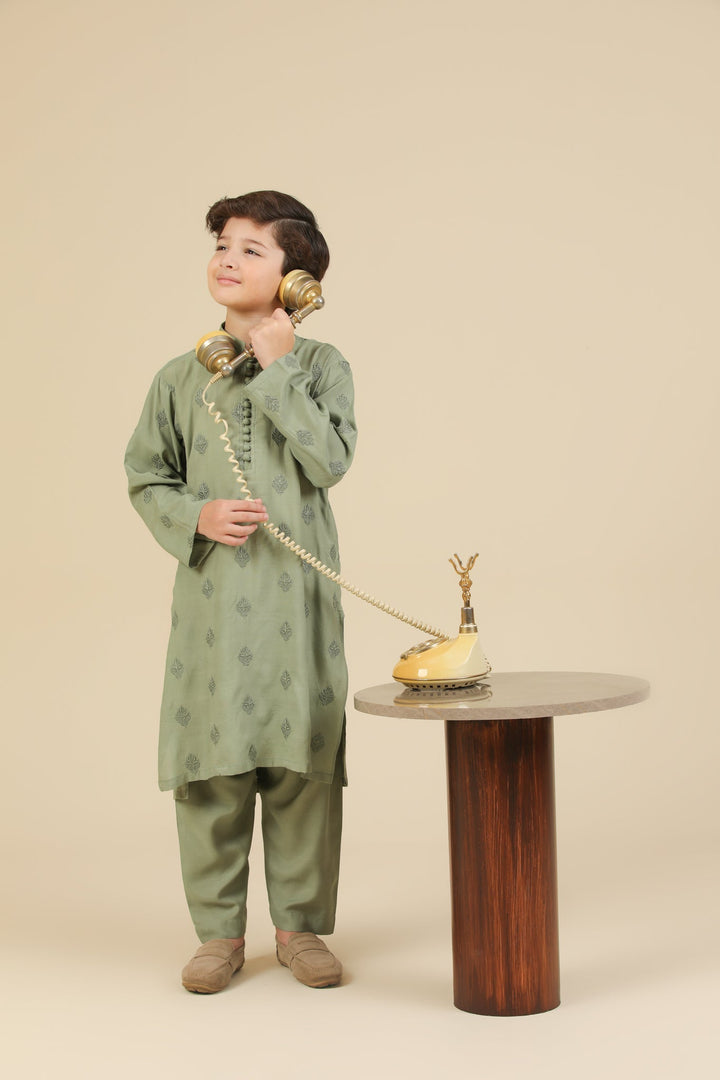 Muraqsh Ready To Wear Embroidered Silk Boys Bahaar Mint Kurta Trouser MUR-B-GRS - Summer Collection