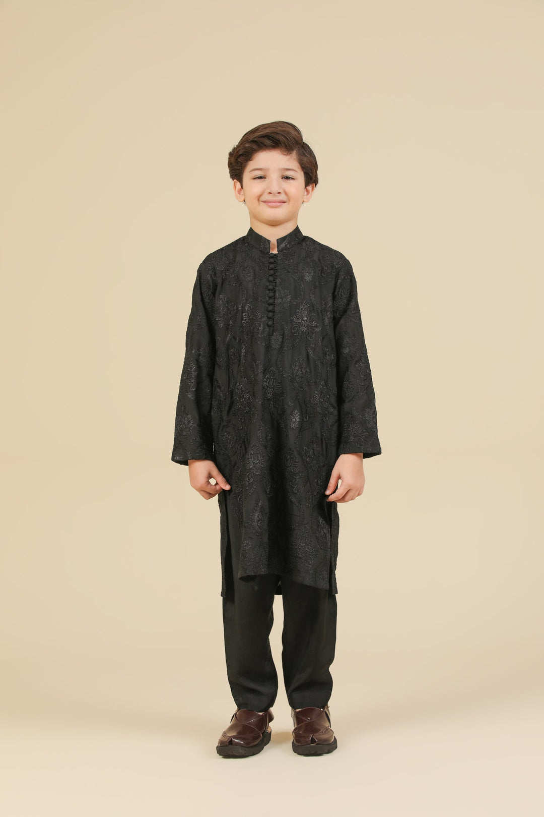 Muraqsh Ready To Wear Embroidered Silk Boys Zauq Black Kurta Trouser MUR-Z-BRS - Winter Collection