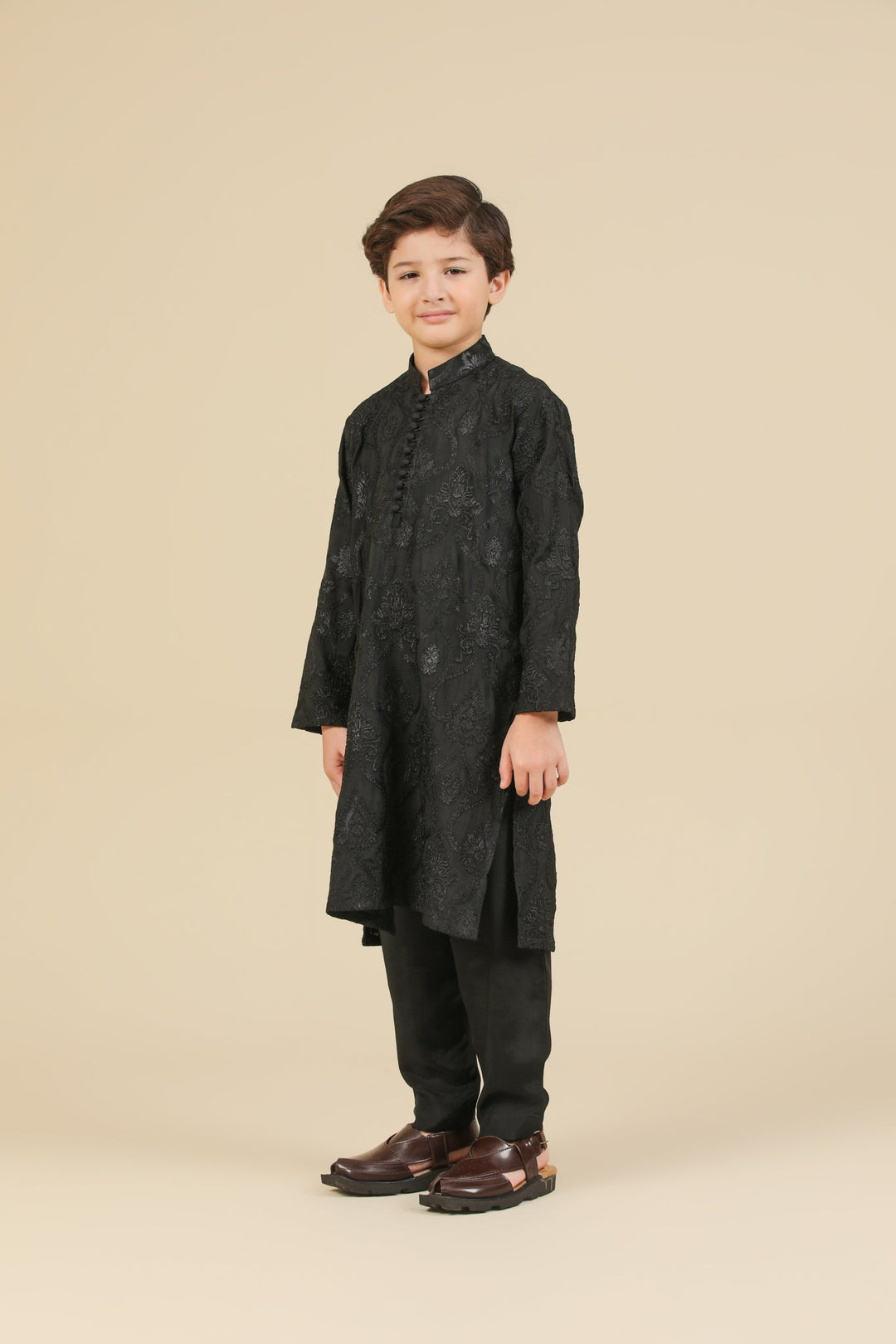 Muraqsh Ready To Wear Embroidered Silk Boys Zauq Black Kurta Trouser MUR-Z-BRS - Winter Collection