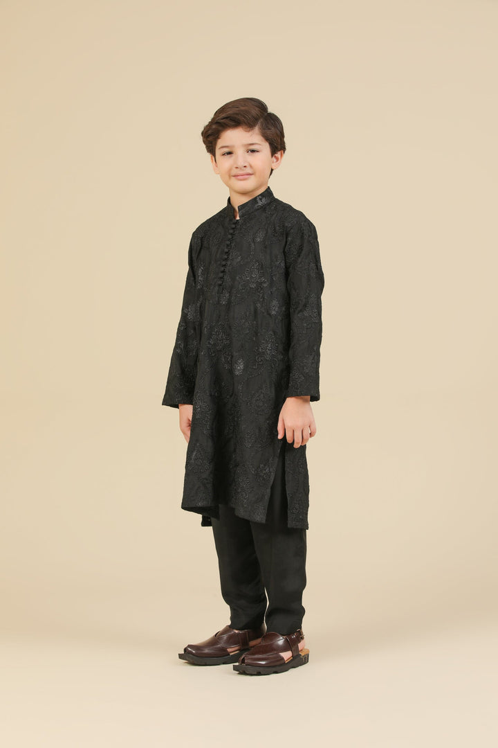 Muraqsh Ready To Wear Embroidered Silk Boys Zauq Black Kurta Trouser MUR-Z-BRS - Winter Collection