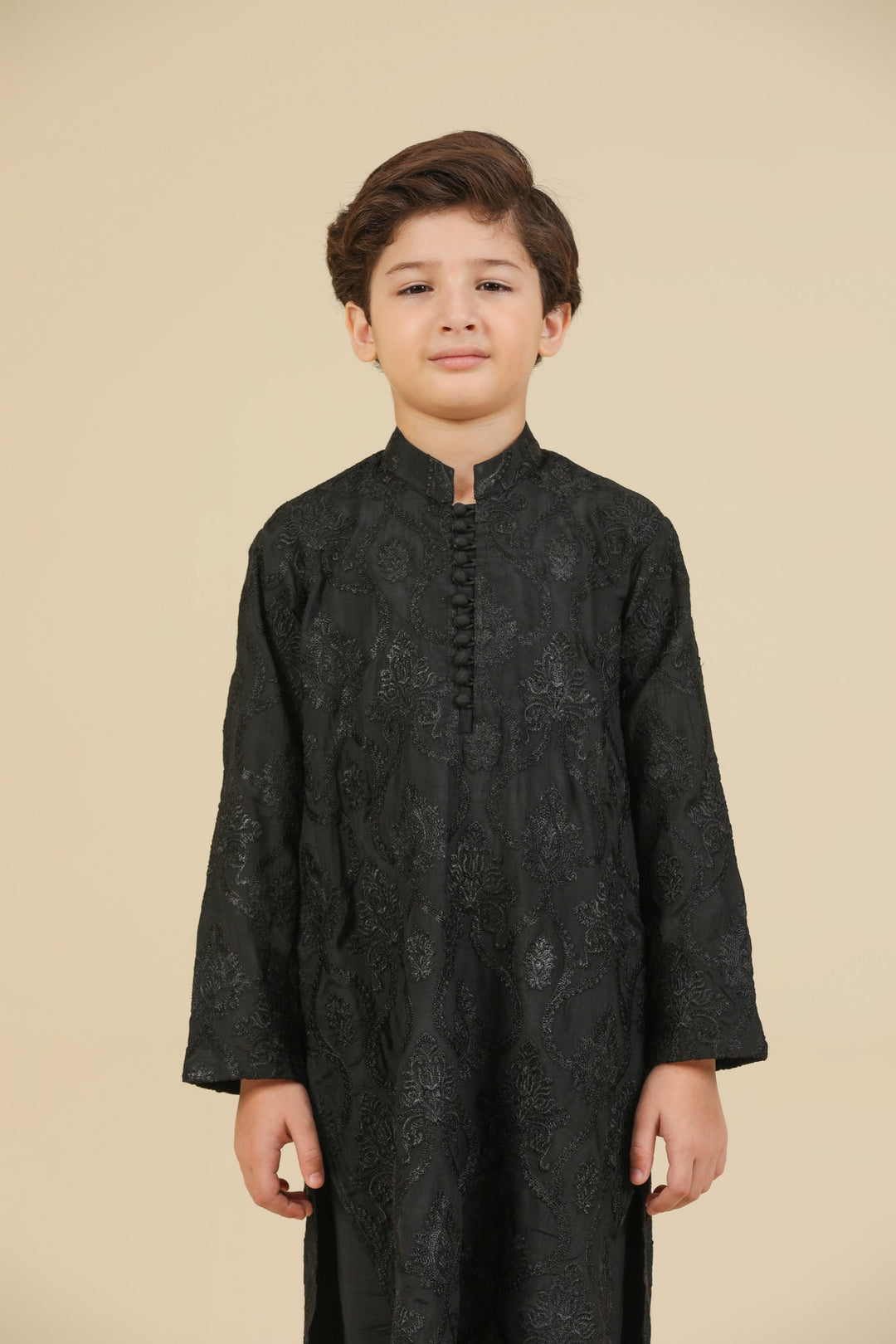 Muraqsh Ready To Wear Embroidered Silk Boys Zauq Black Kurta Trouser MUR-Z-BRS - Winter Collection