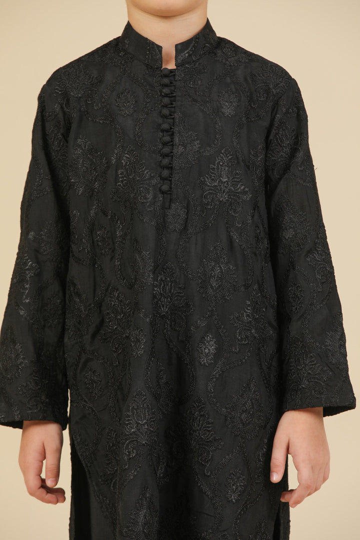 Muraqsh Ready To Wear Embroidered Silk Boys Zauq Black Kurta Trouser MUR-Z-BRS - Winter Collection