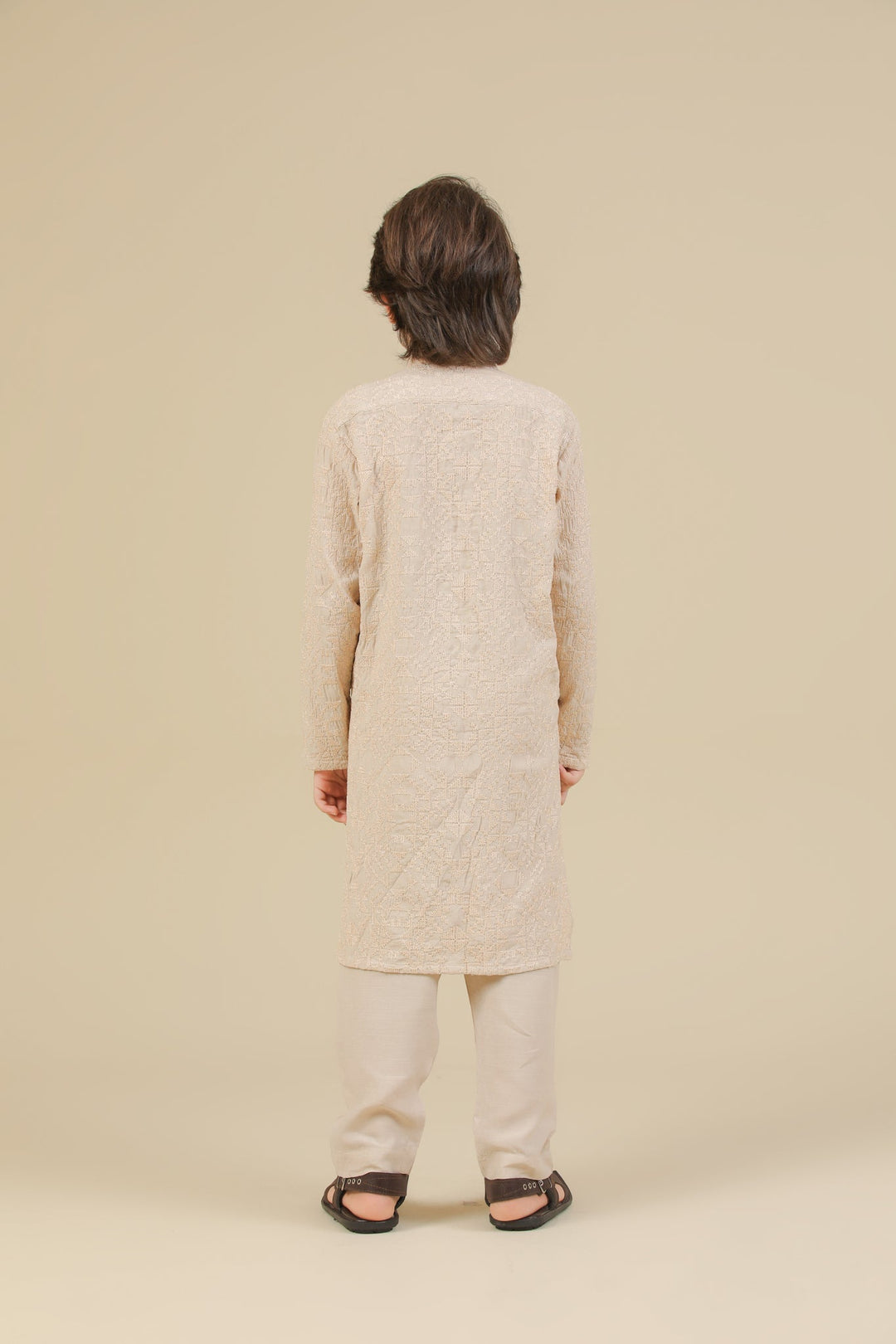 Muraqsh Ready To Wear Embroidered Silk Boys Tabir Beige Kurta Trouser MUR-T-BRS - Summer Collection