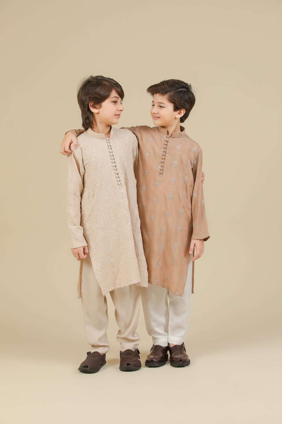 Muraqsh Ready To Wear Embroidered Silk Boys Tabir Beige Kurta Trouser MUR-T-BRS - Summer Collection