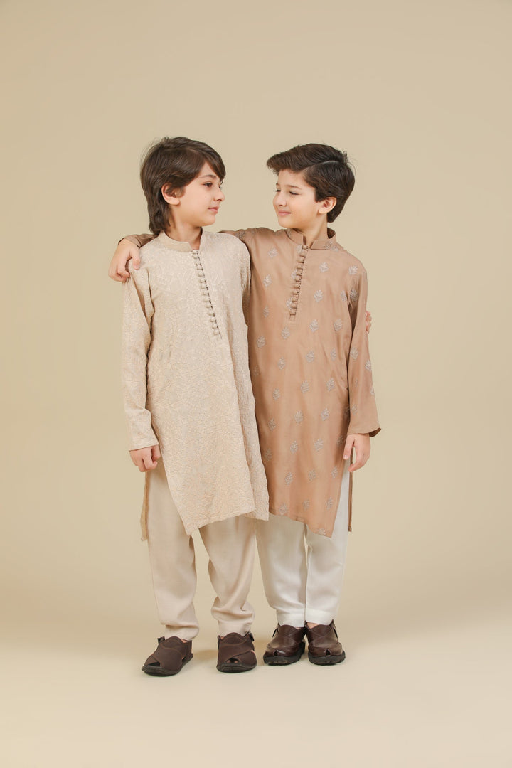 Muraqsh Ready To Wear Embroidered Silk Boys Tabir Beige Kurta Trouser MUR-T-BRS - Summer Collection